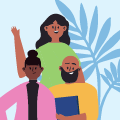 Illustration of three BIPOC students, fern graphic in background