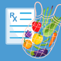 Market bag of fruits and vegetables and a prescription Rx form