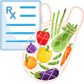 Market bag of fruits and vegetables and a prescription Rx form