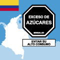 Colombian flag, map outline of Colombia, and black octagonal warning label