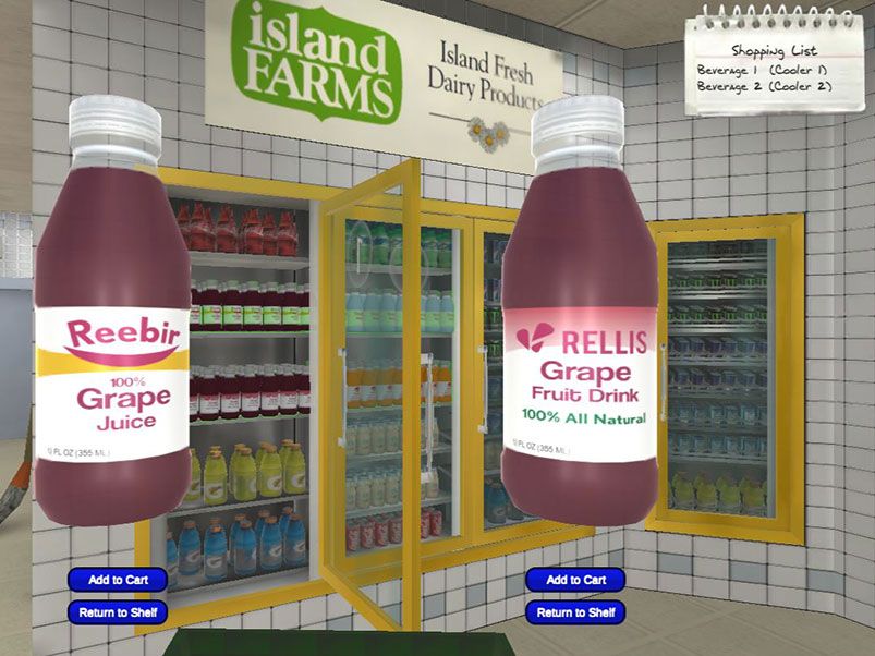 Virtual grocery store beverage case with two drinks in foreground. 100% juice bottle on left and fruit drink bottle on right with "100% All Natural" claim