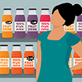 Illustration of woman looking a fruit drink and 100% juice options on a store shelf.