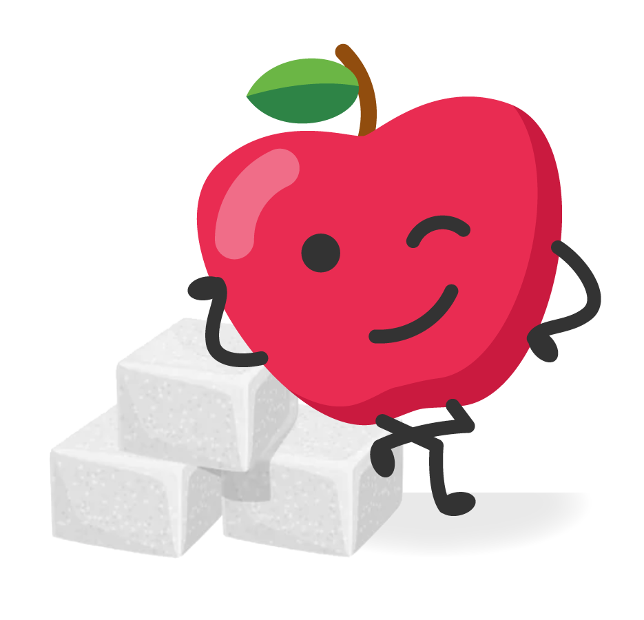 Illustrated apple winking and reclining on several sugar cubes