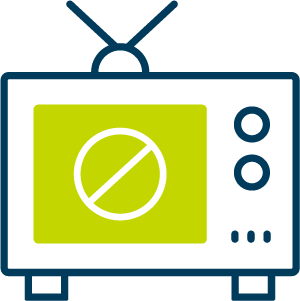 Line drawing of a television with a "no" circle (circle with diagonal line through it) on the screen
