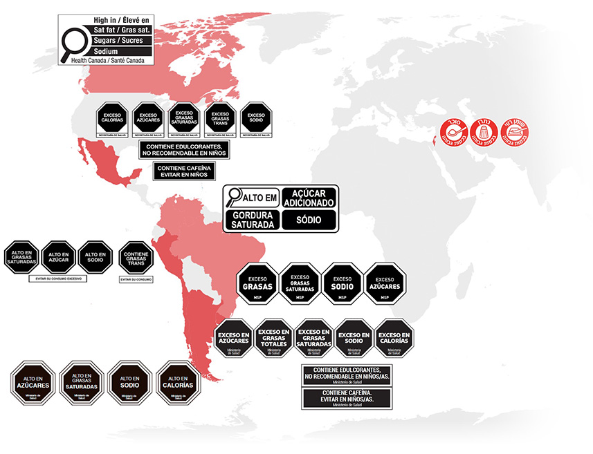 World map with countries highlighted pink if they have a warning label policy. Pictures of each warning label shown next to country.