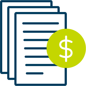 Line drawing of green circle with dollar sign in center, on top of documents