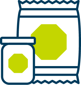 Front-of-package labeling icon: line drawings of a jar and a chips bag with green octagonal shapes on their fronts