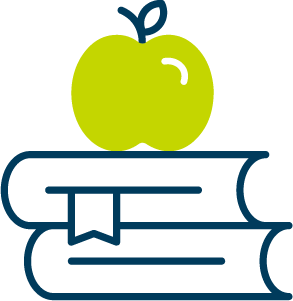 School icon: illustrated green apple sitting on top of two school books