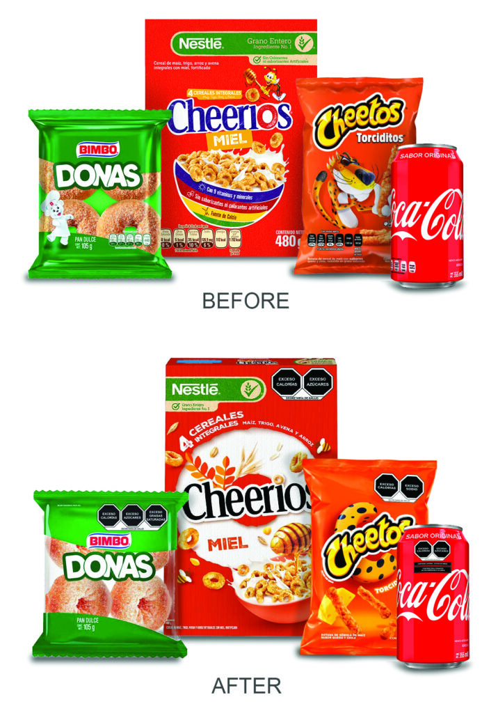 Food packages for doughnuts, cereal, snacks, and a soda shown twice — once with text "before" and below with text "after" and with cartoon mascots removed and warning labels added.