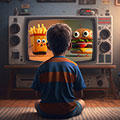 Child sits in front of TV showing cartoon images of french fries and cheeseburger