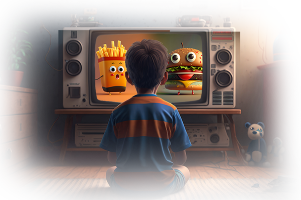 View from behind of child sitting in front of TV, which shows cartoons of french fries and cheeseburger