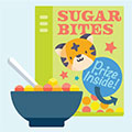 Illustrated cereal bowl and box that reads "Sugar Bites" and "Prize Inisde"