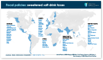 World map with countries that have sugary drink taxes highlighted in blue