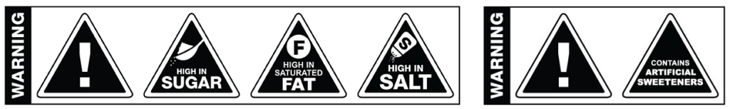 Warning labels reading WARNING: High in SUGAR, High in SATURATED FAT, High in SALT, and CONTAINS ARTIFICIAL SWEETENERS