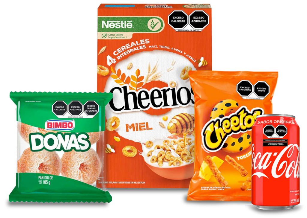Packaged foods with Mexican warning labels on the front-of-package
