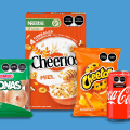 Example packaged products with Mexican front-of-package warning labels in the upper right corners